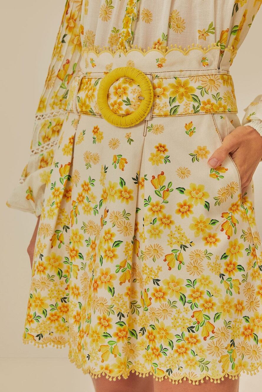 FARM Rio Azaleia Yellow Floral Belted Mini Skirt Size 28
